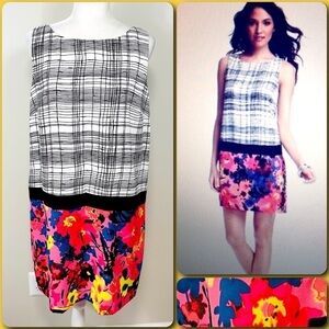 LOFT White & Black Plaid Floral Colorblock Sleeveless Mod Shift Dress - Size 14